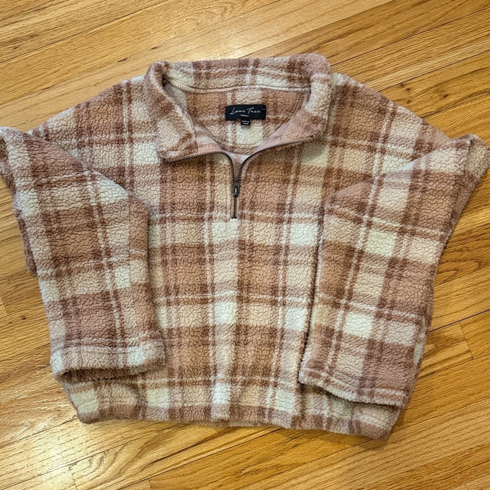 Pink & Cream Plaid Zip-Up Sweater